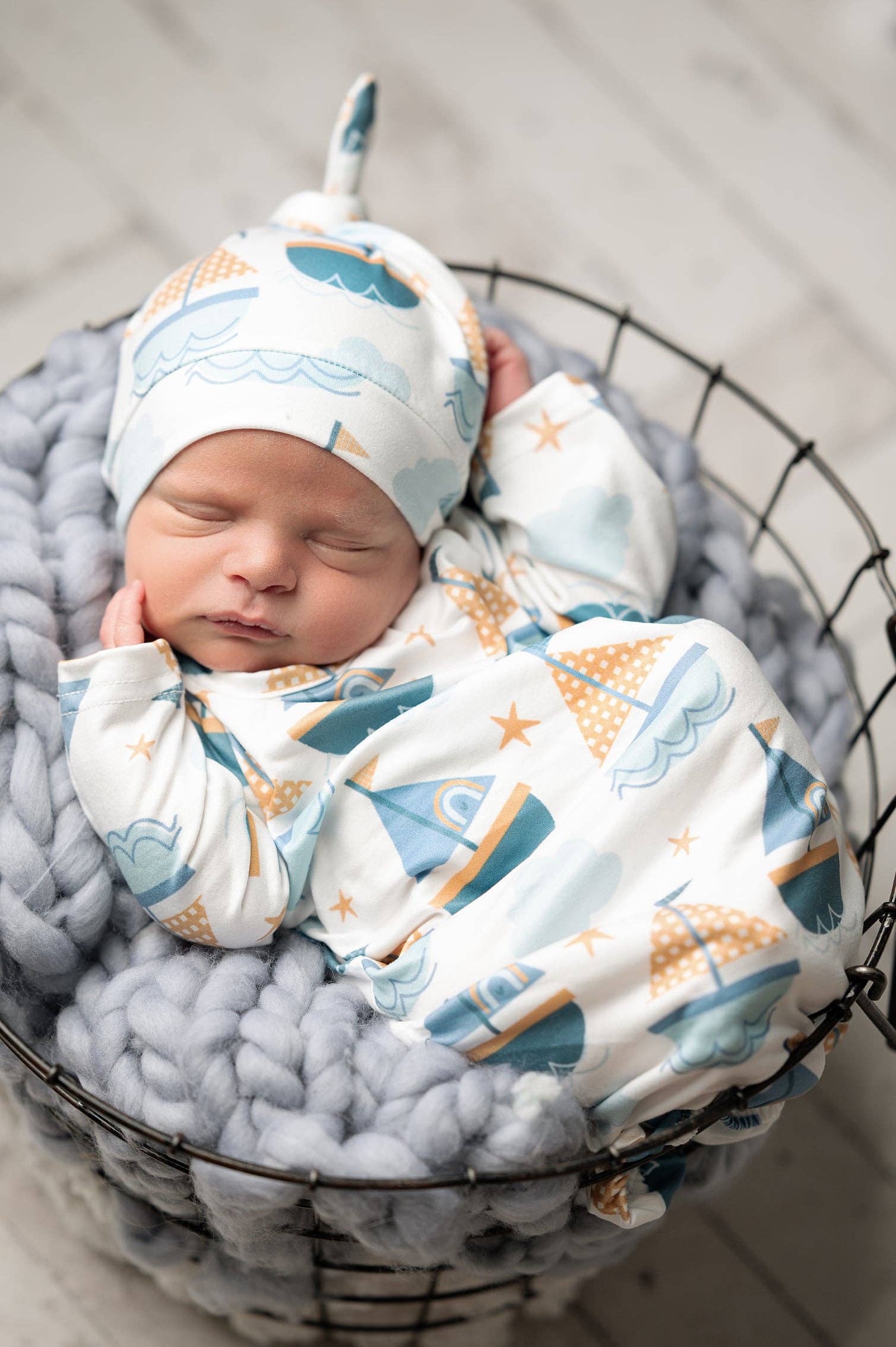 Blue Sailboat Baby Gown and Hat Set