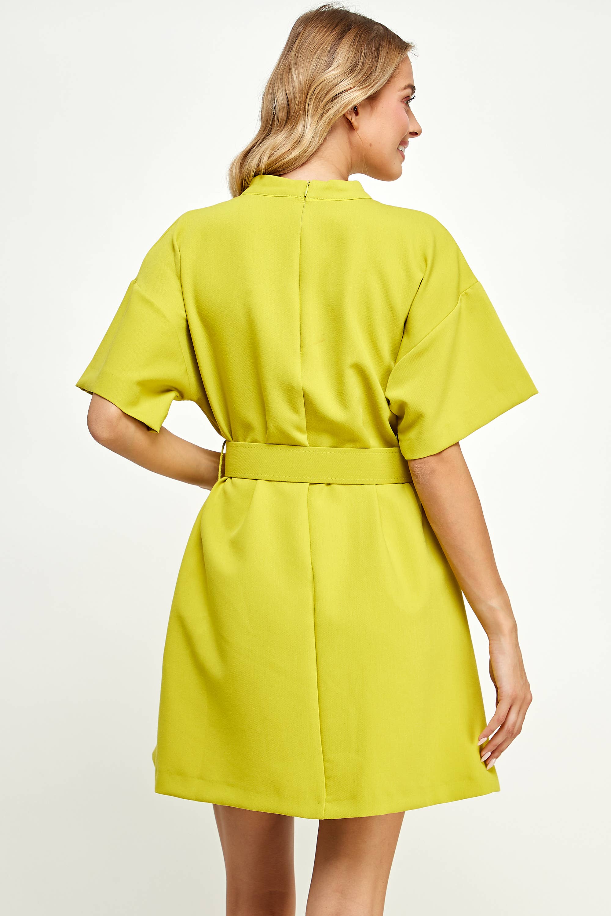HIGH NECK DRESS WITH BELT- LIME