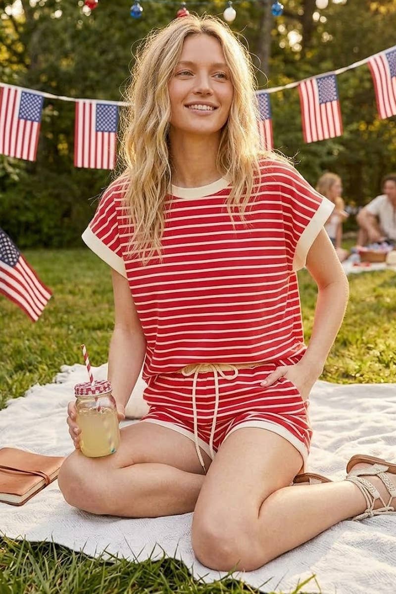 Red/Ivory Striped Short Set