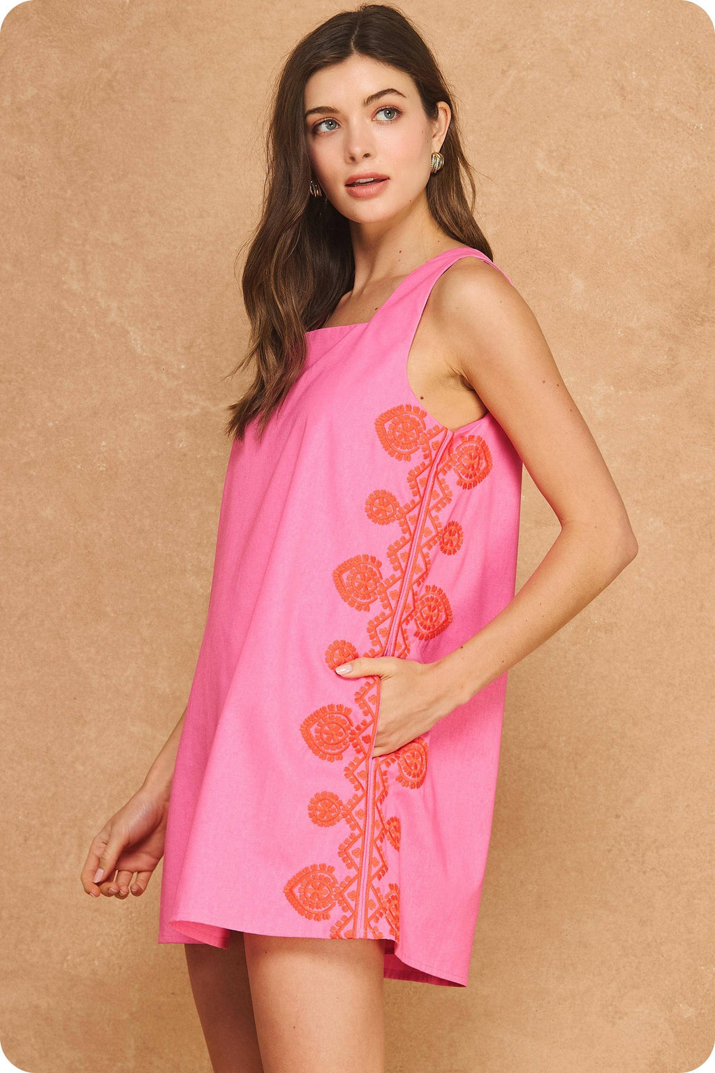 Medallion Embroidered Square Neck Shift Mini Dress