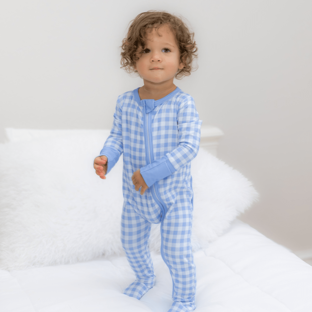Blue Gingham Zipper Footie