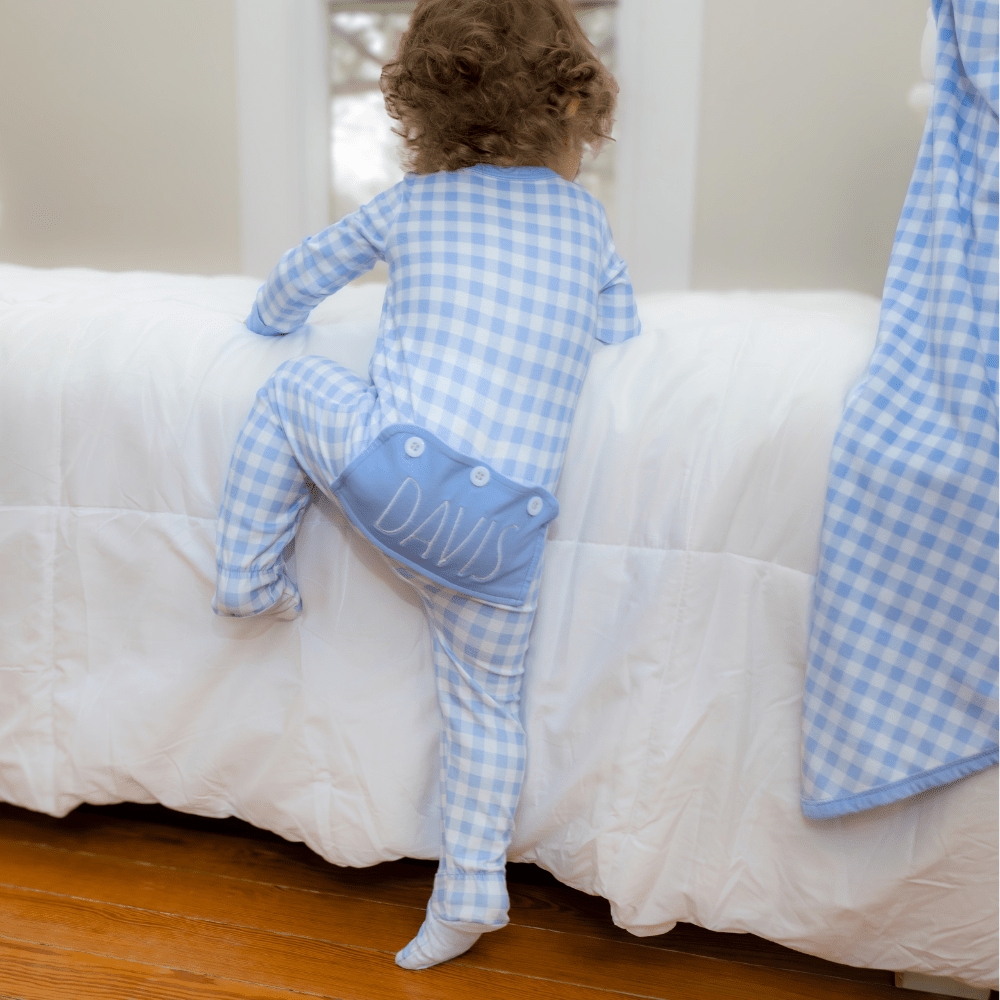 Blue Gingham Zipper Footie