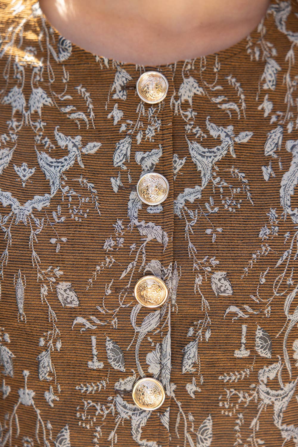Gold Button Floral Jacquard Top