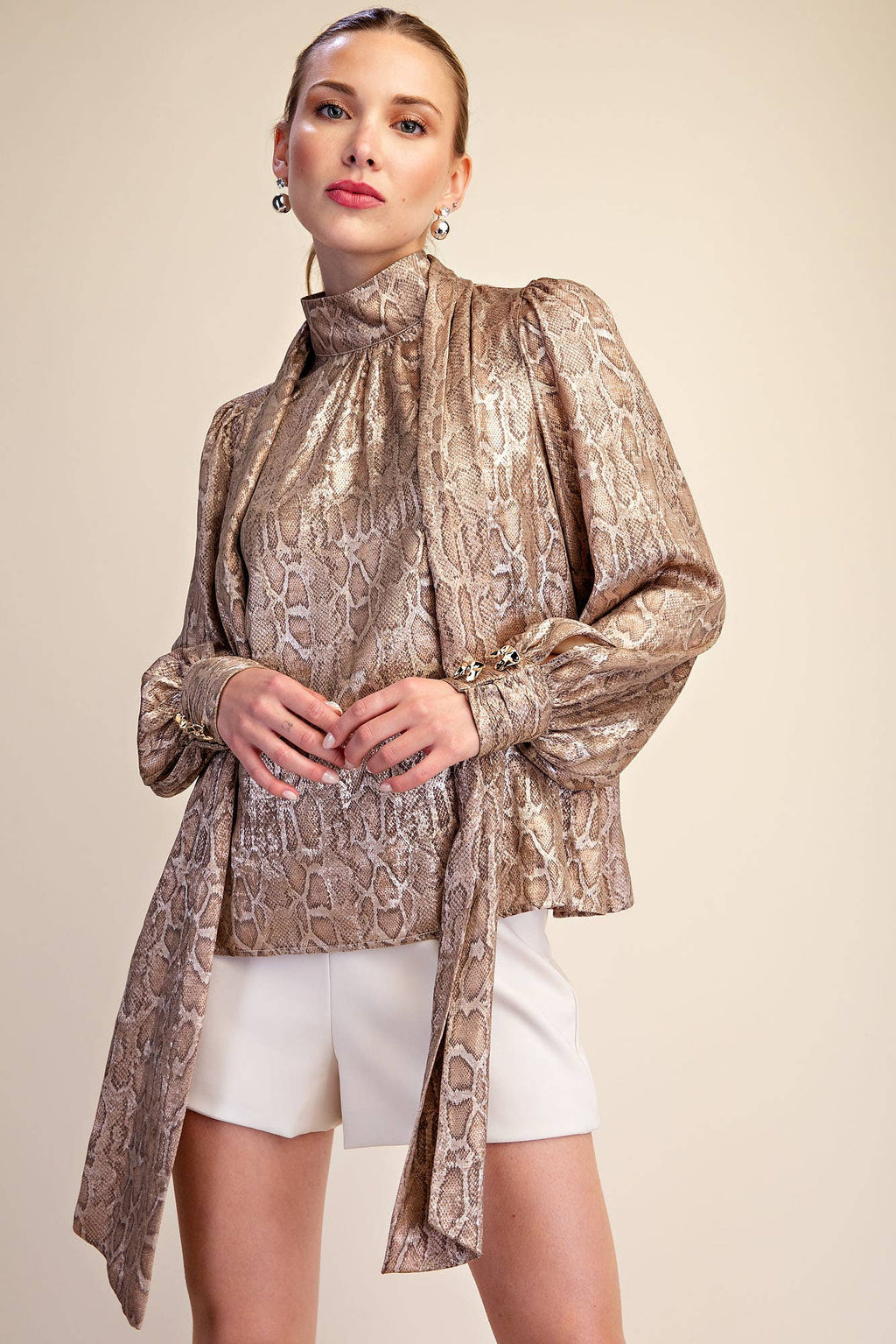 Animal High Neck Tied Satin Shirt