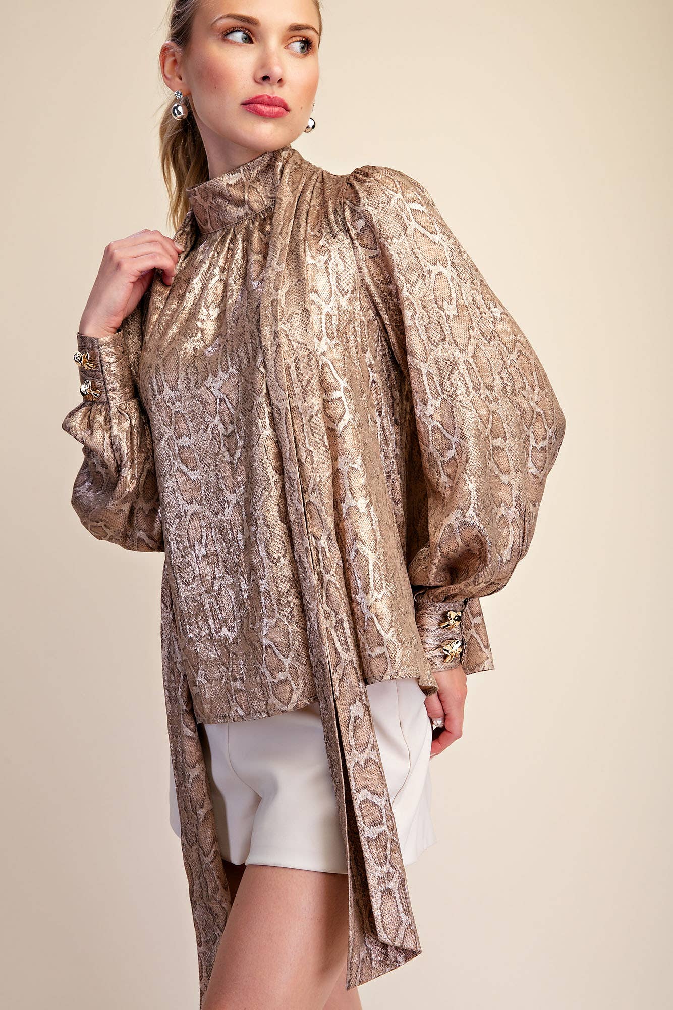 Animal High Neck Tied Satin Shirt