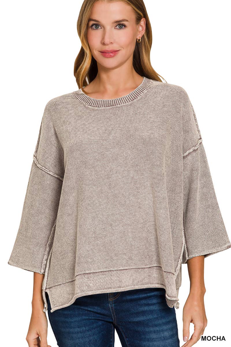 Washed 3/4 Sleeve Boxy Sweater
