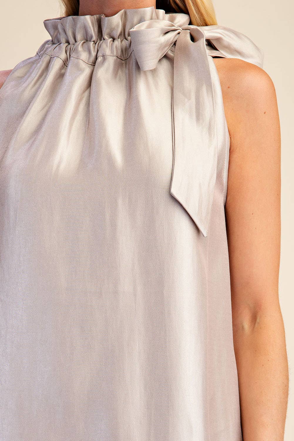 Ruffle Tie Neck Sleeveless Side Pocket Mini Dress