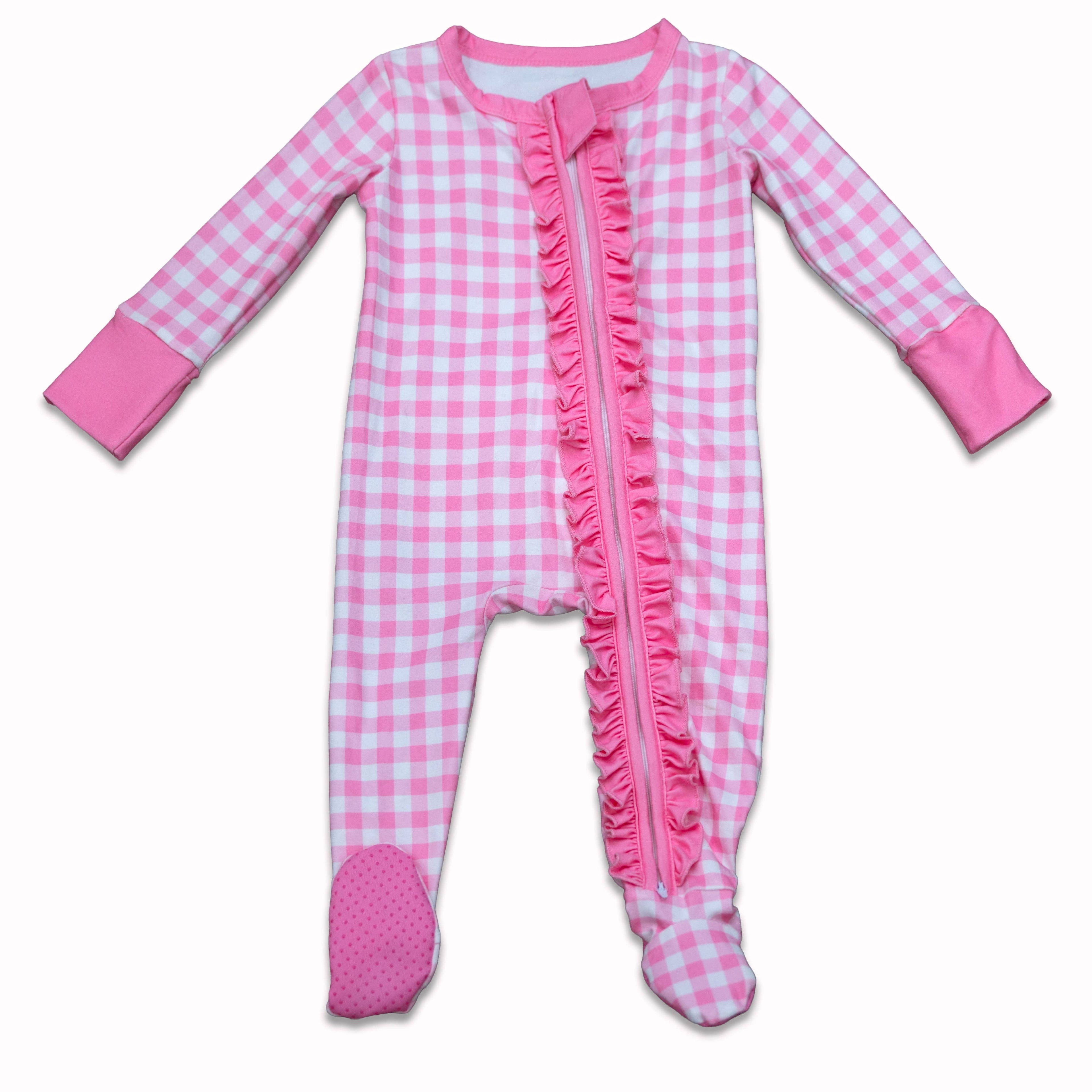 Pink Gingham Zipper Footie