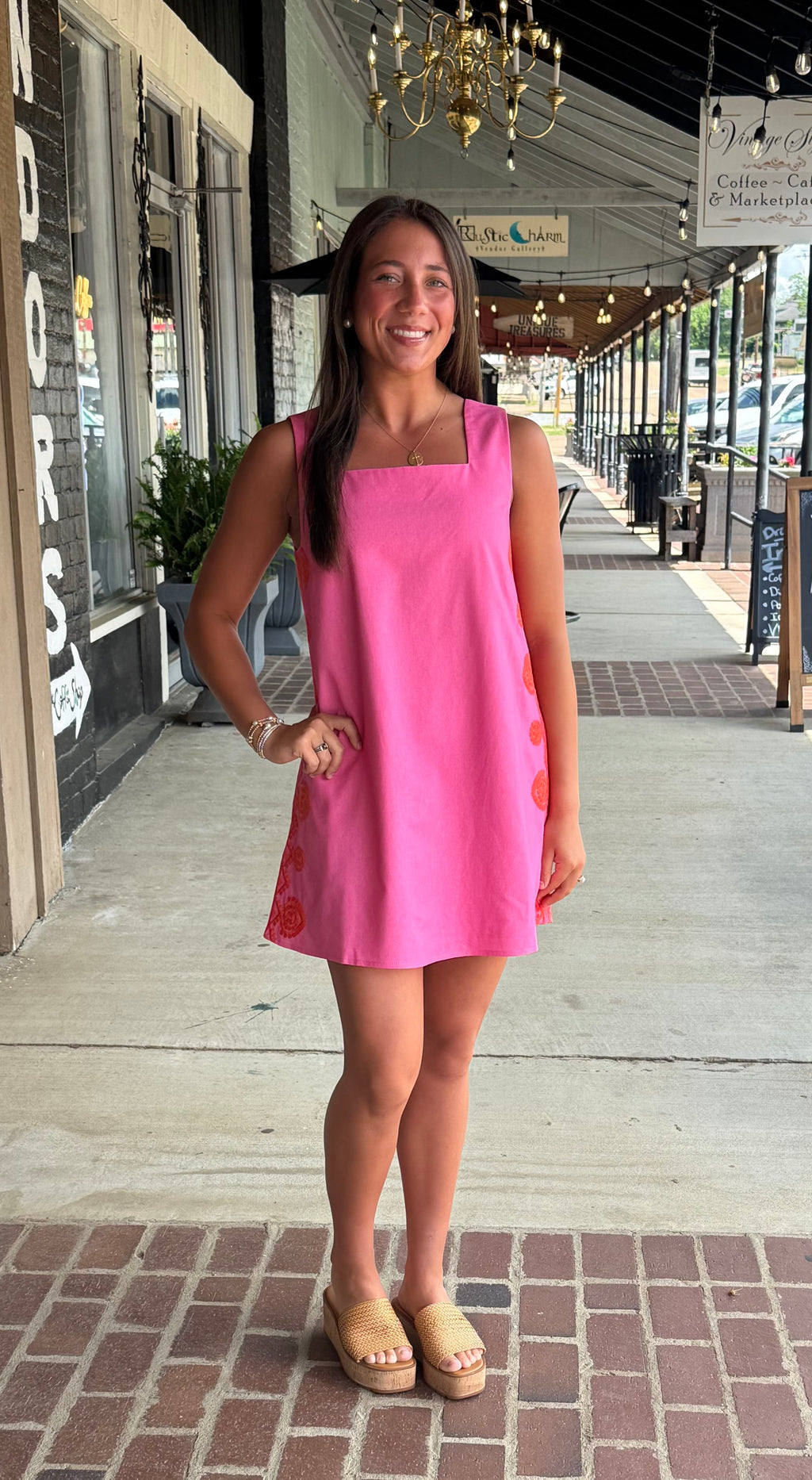 Medallion Embroidered Square Neck Shift Mini Dress
