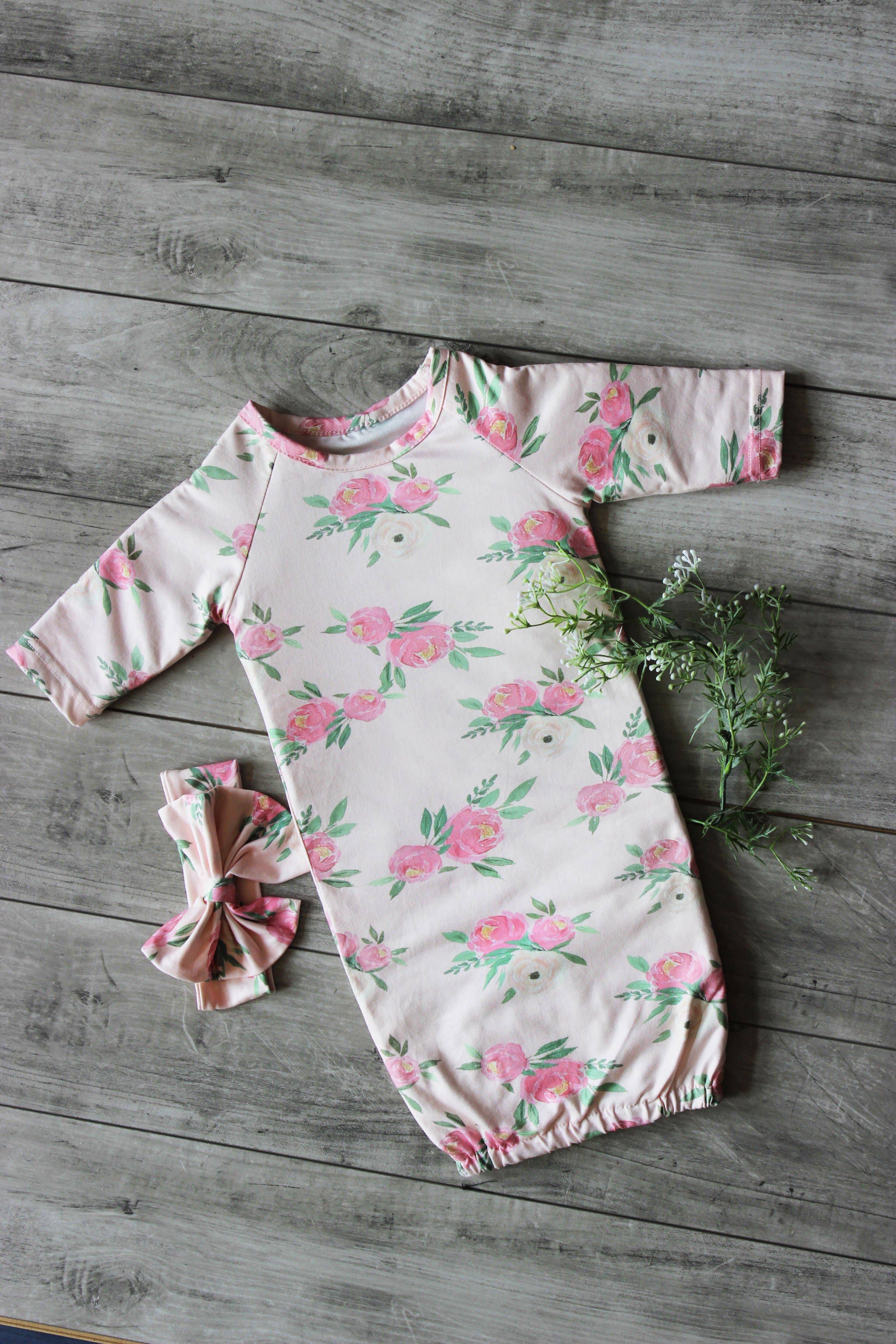 Pink Rose Baby Gown and Bow Headband