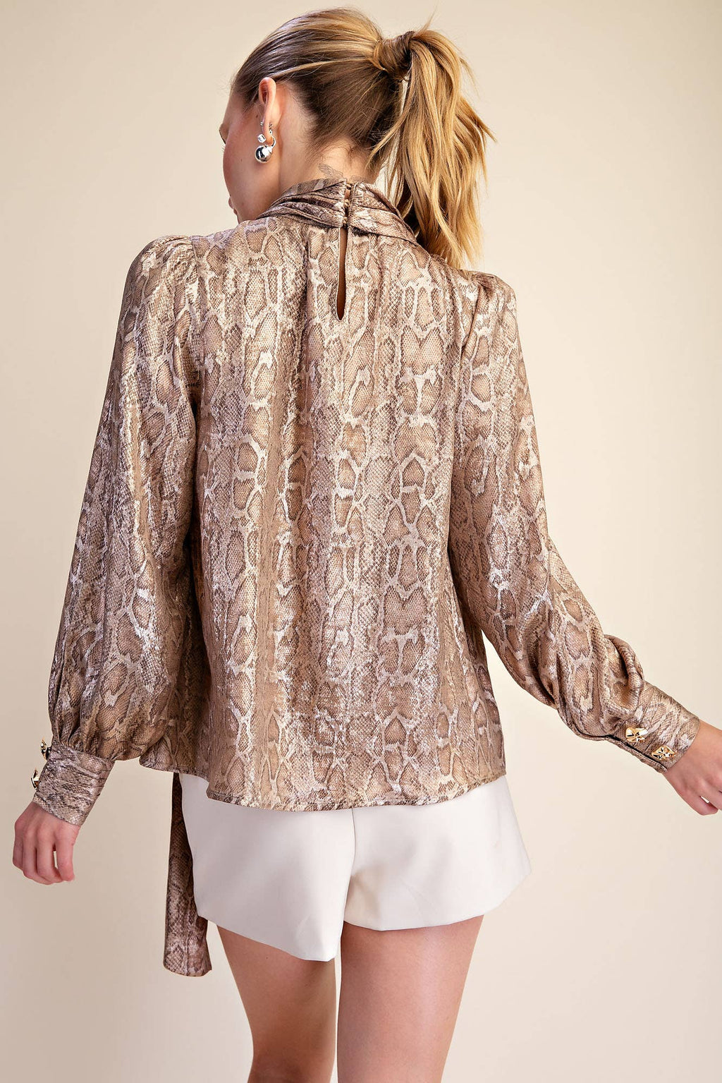 Animal High Neck Tied Satin Shirt