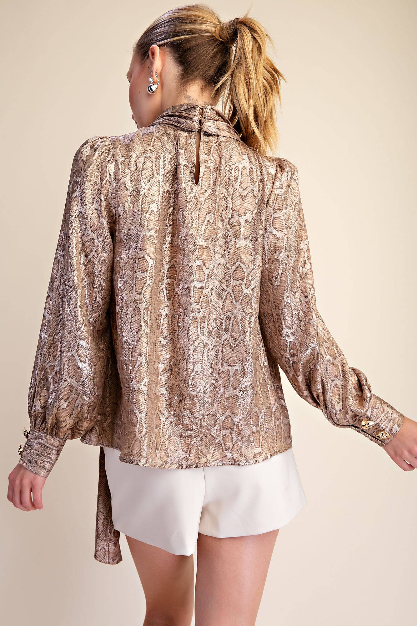 Animal High Neck Tied Satin Shirt