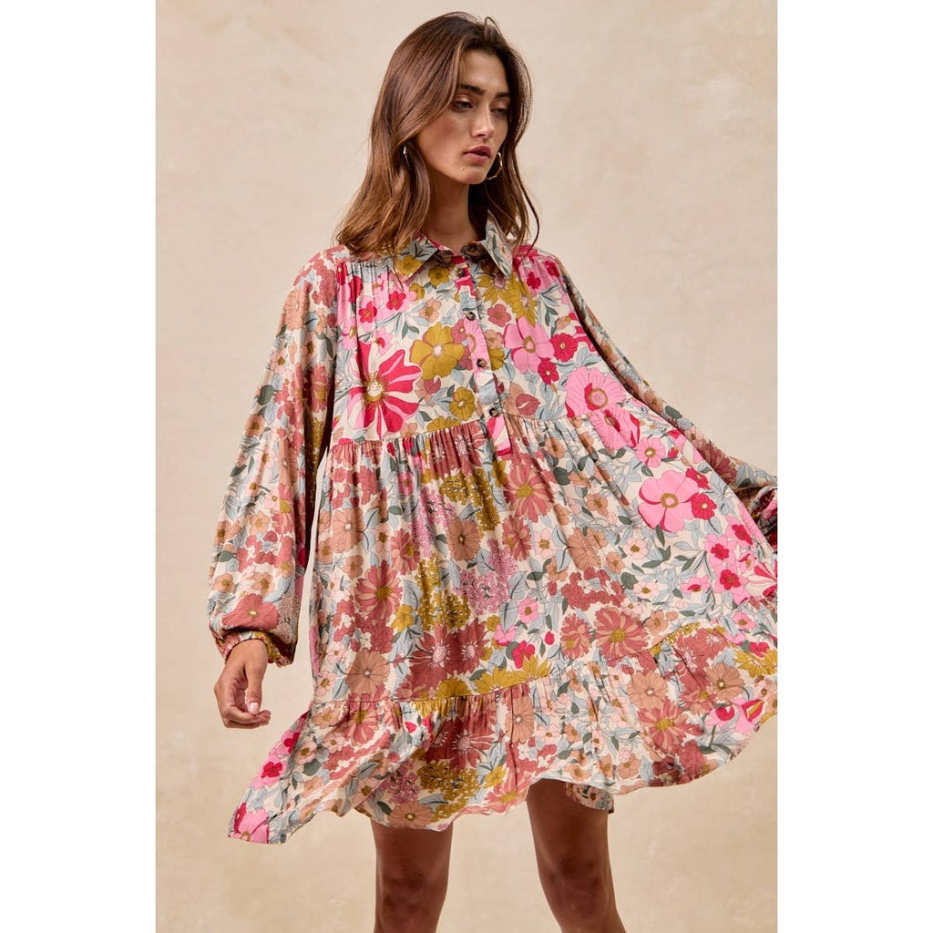 Floral Print Buttoned Tiered Dress