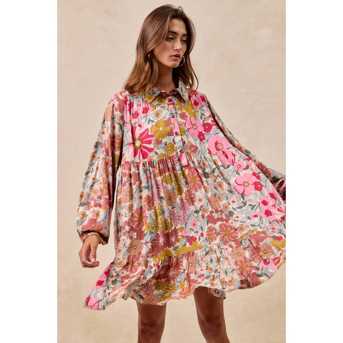 Floral Print Buttoned Tiered Dress