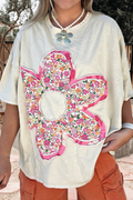 Floral Patched Raw Seam Big Flower Oversize Tee