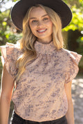 36909 Smocked High Neck Ruffle Sleeve Printed Top
