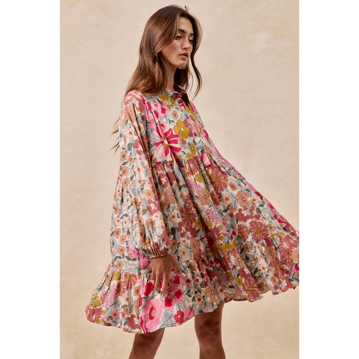 Floral Print Buttoned Tiered Dress