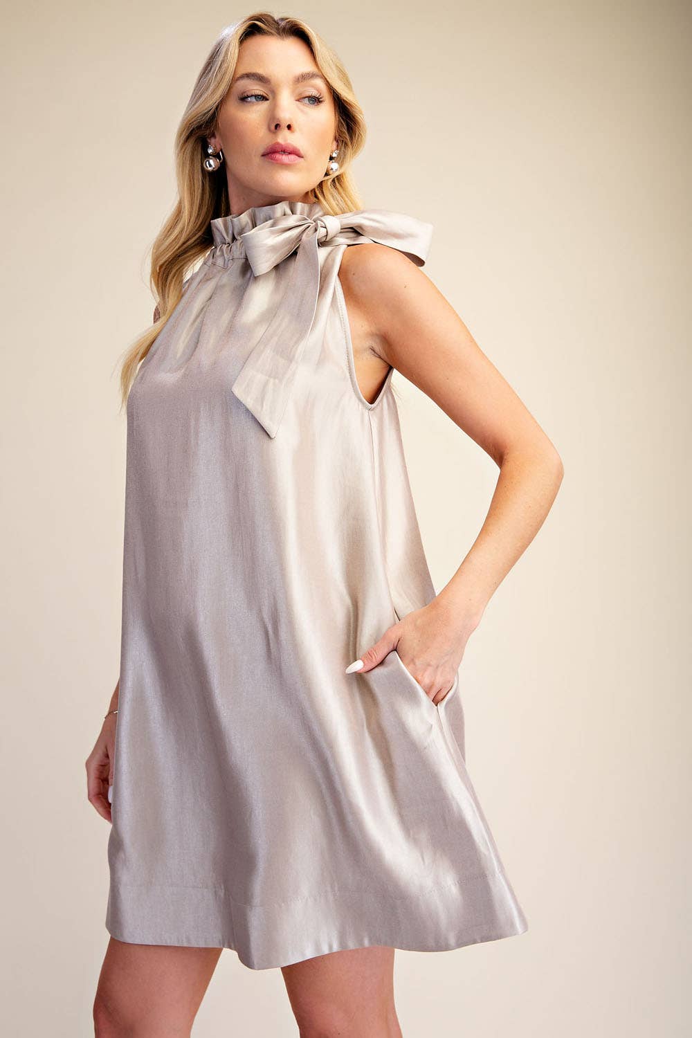 Ruffle Tie Neck Sleeveless Side Pocket Mini Dress