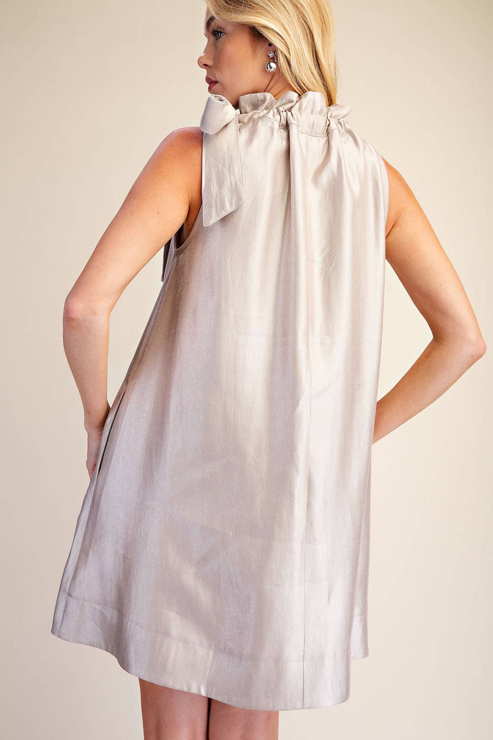 Ruffle Tie Neck Sleeveless Side Pocket Mini Dress