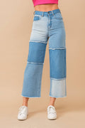 High Waisted Color Block Distressed Frill Twill Pants