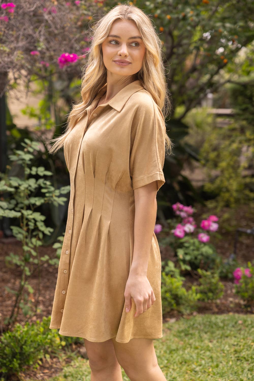 36860 Pleated Waist Dolman Sleeve Shirt Dress