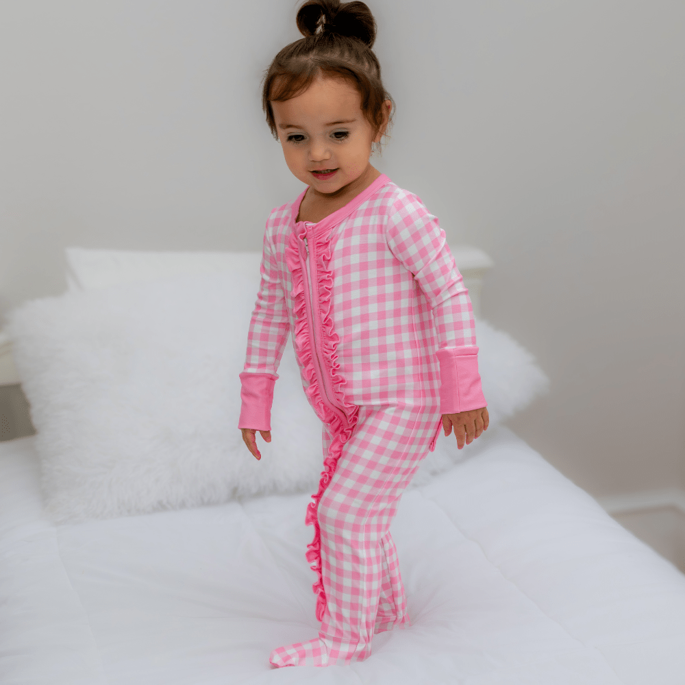 Pink Gingham Zipper Footie