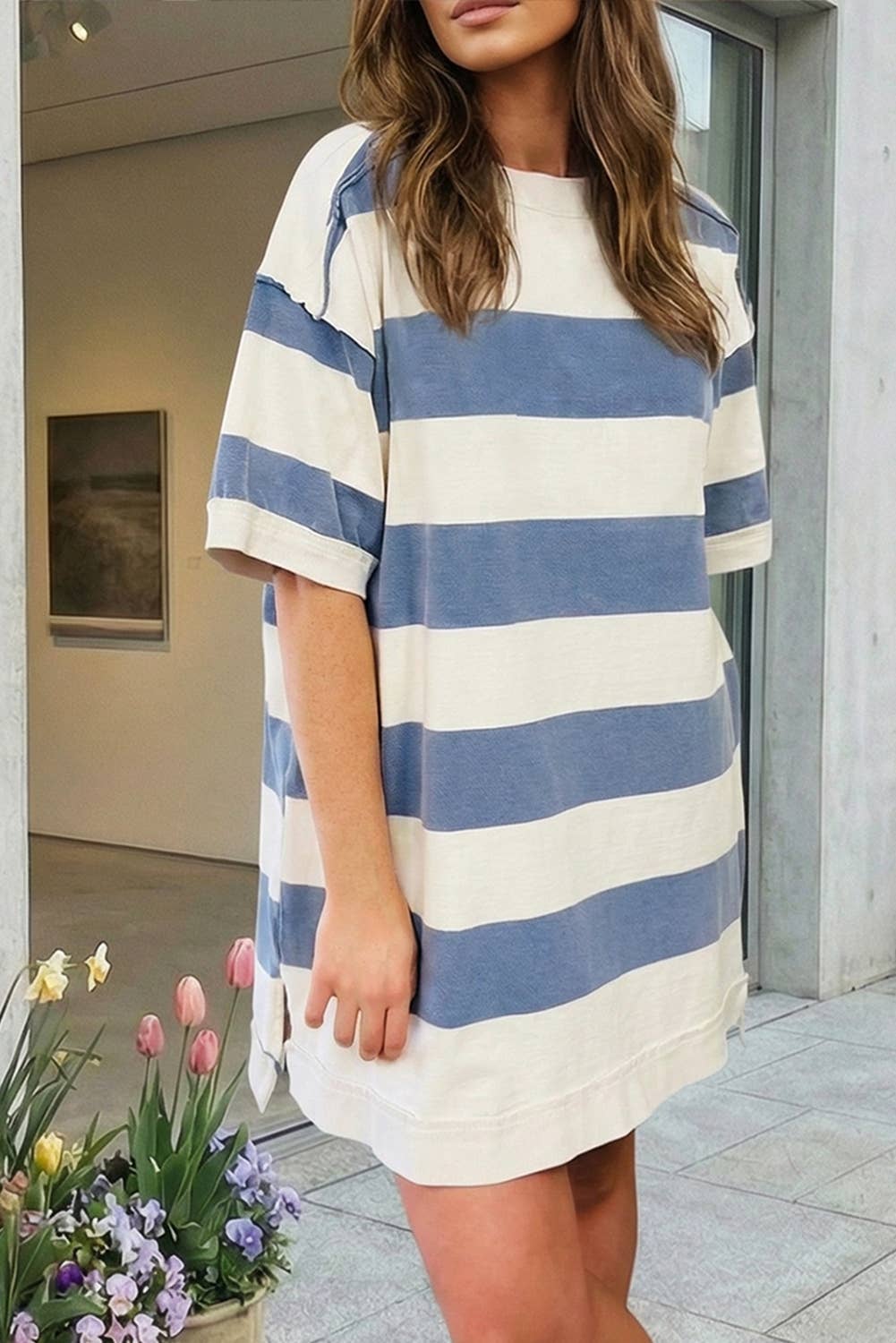 Stripe Raw Seam Shoulder Detail Casual Tee Dress