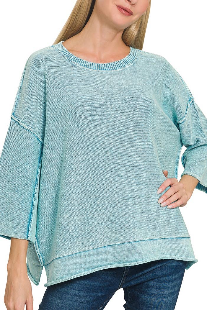Washed 3/4 Sleeve Boxy Sweater