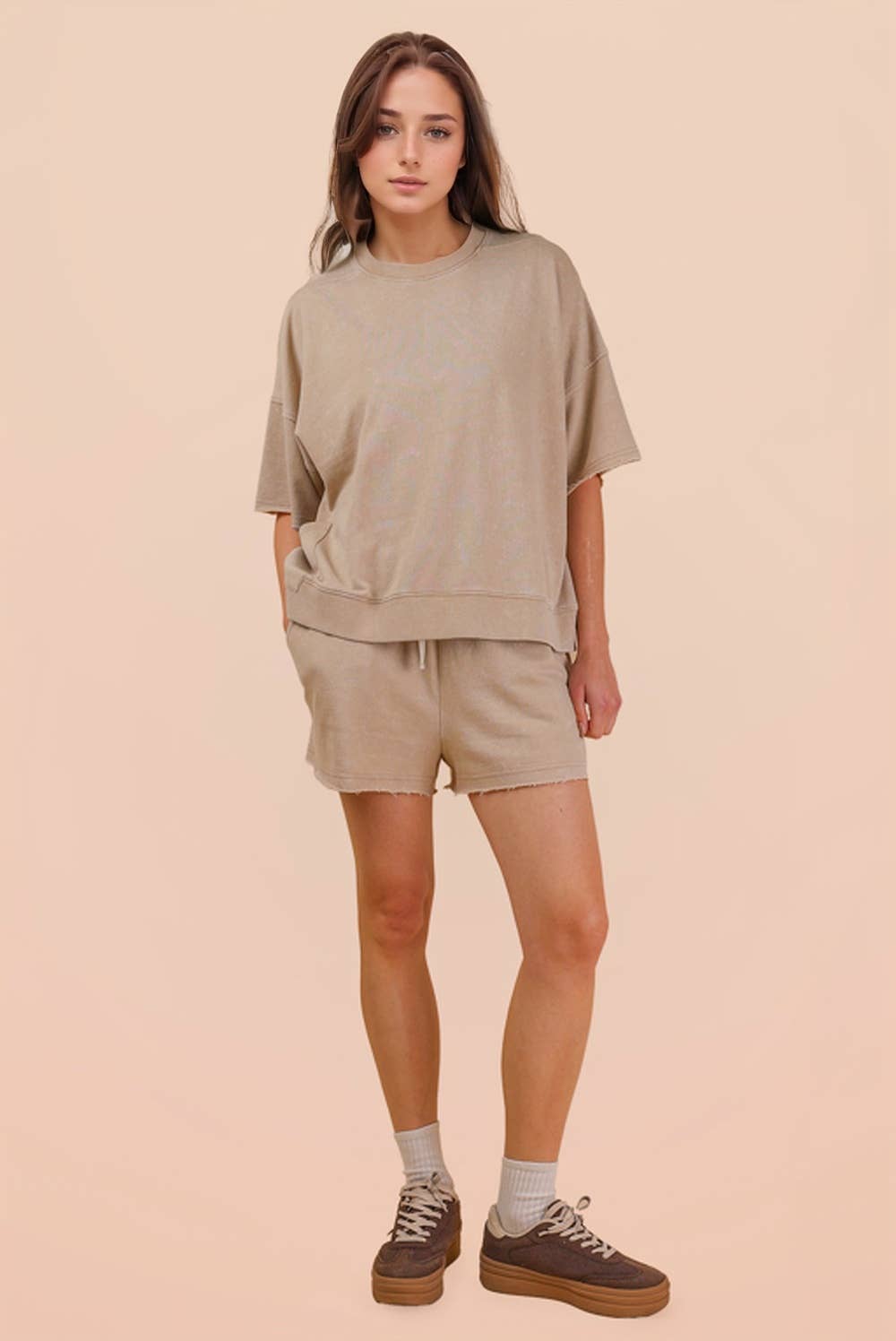Beige Mineral Washed Knit Casual Top & Shorts