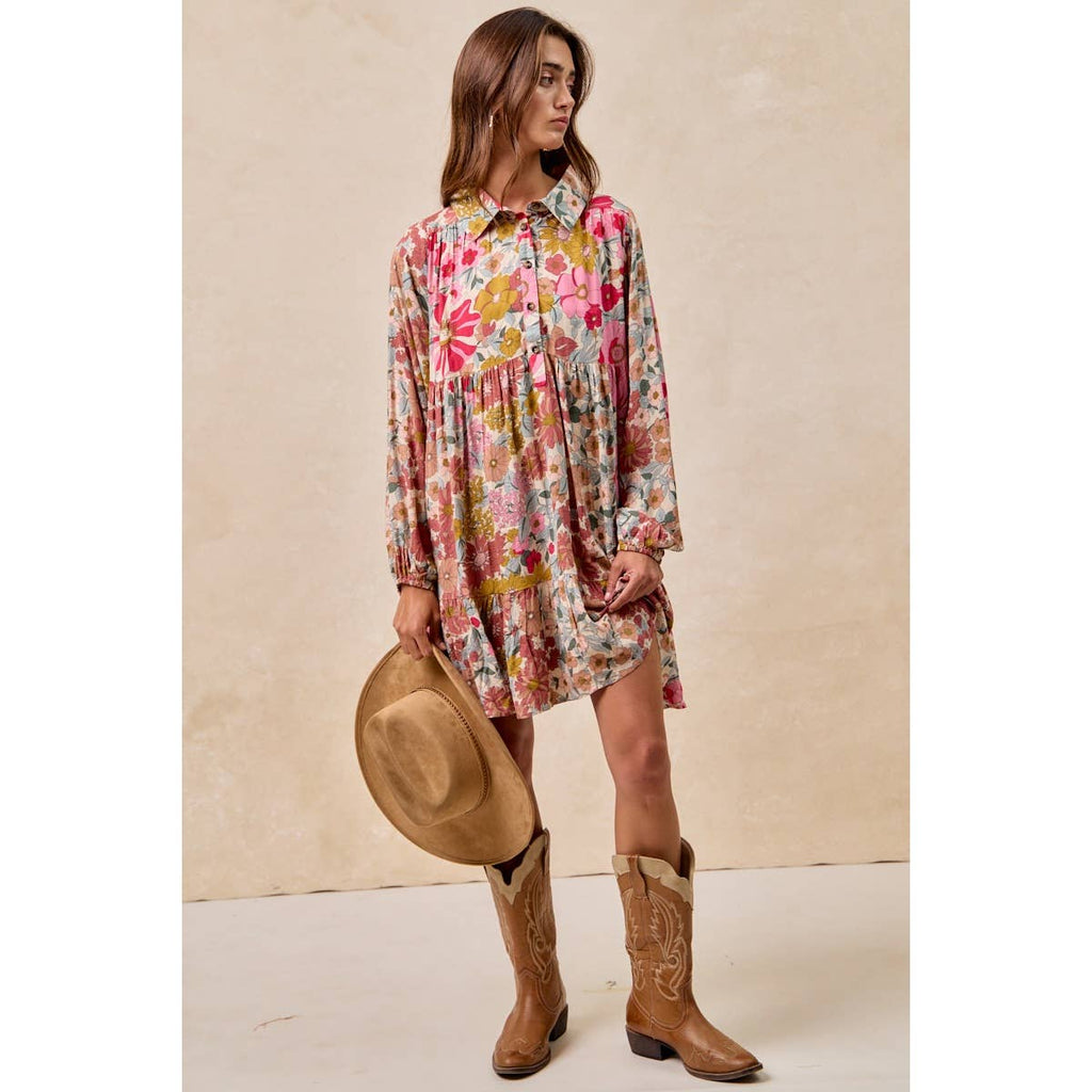 Floral Print Buttoned Tiered Dress