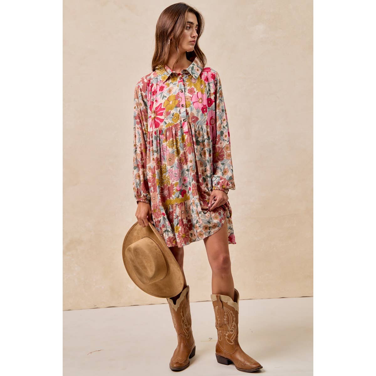 Floral Print Buttoned Tiered Dress