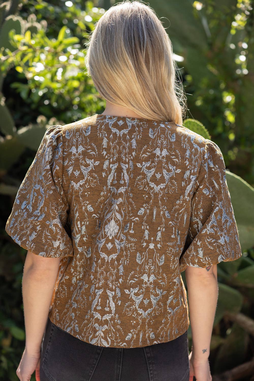 Gold Button Floral Jacquard Top