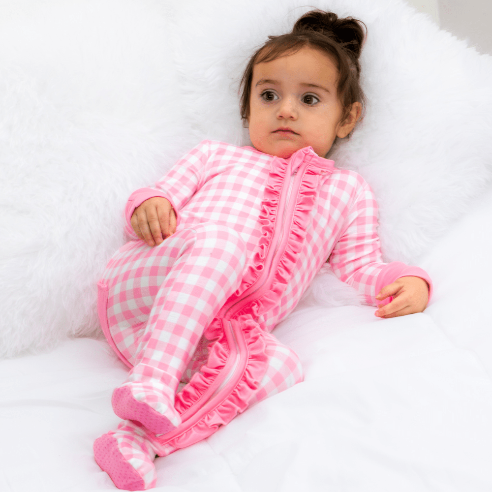Pink Gingham Zipper Footie
