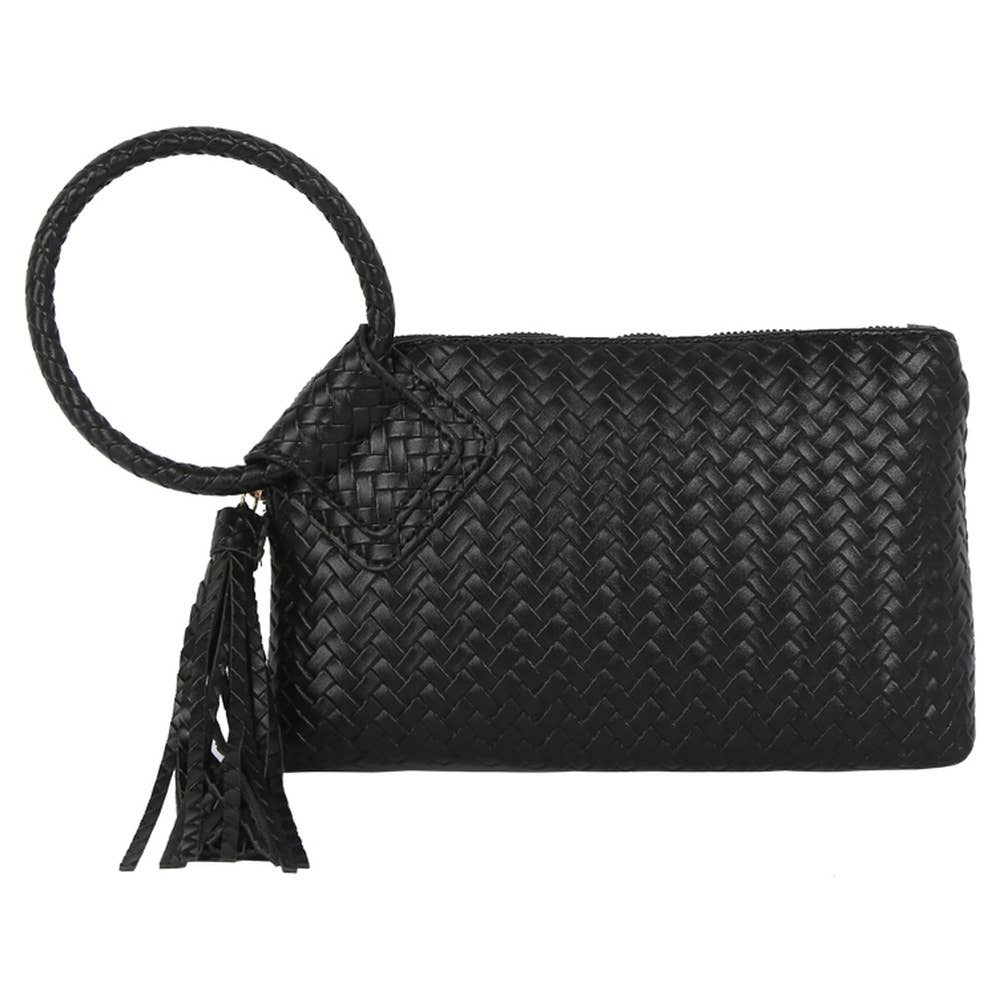 Woven Fringe Handle Clutch Bag