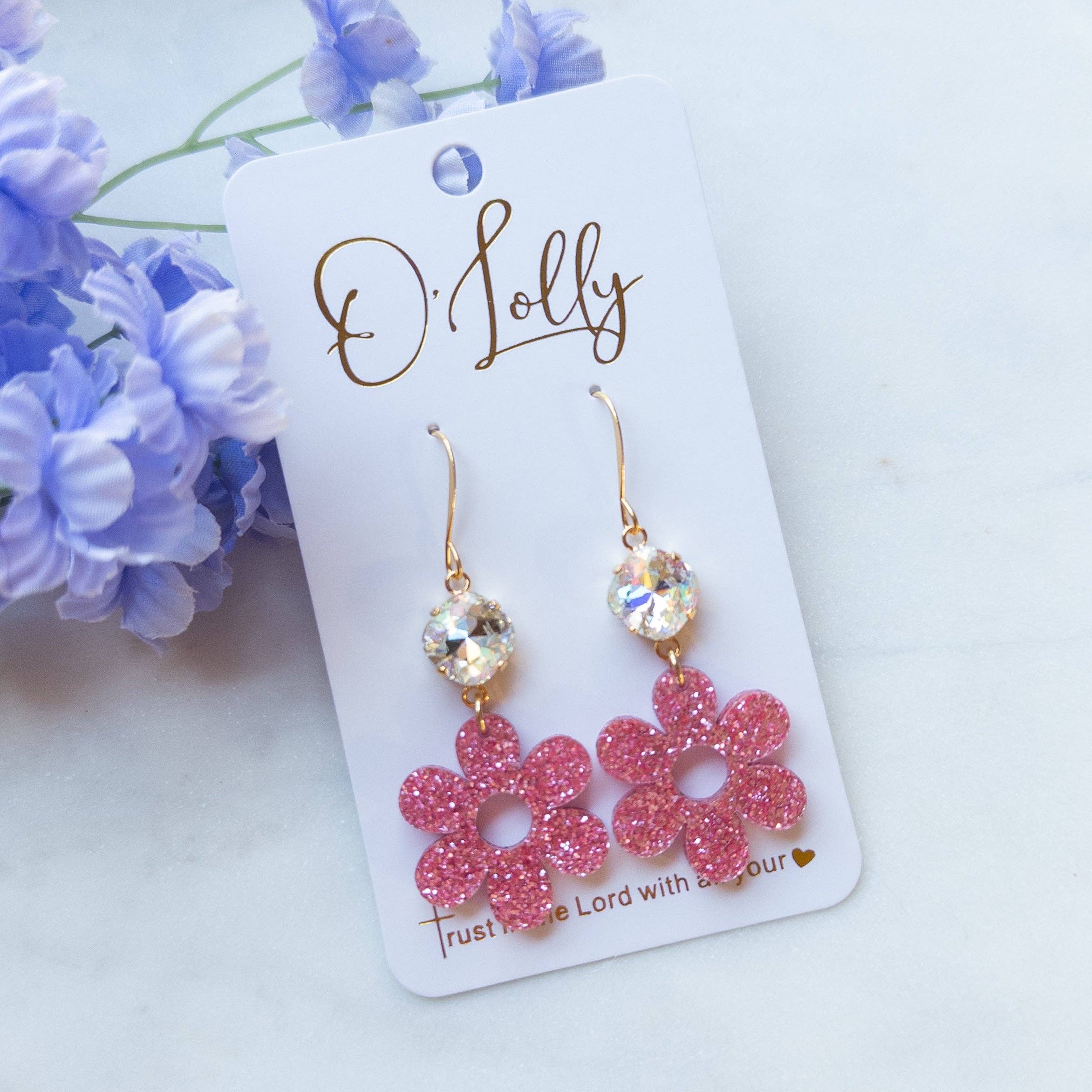 Pink Glitter Acrylic Flower Earrings - “Daisy”