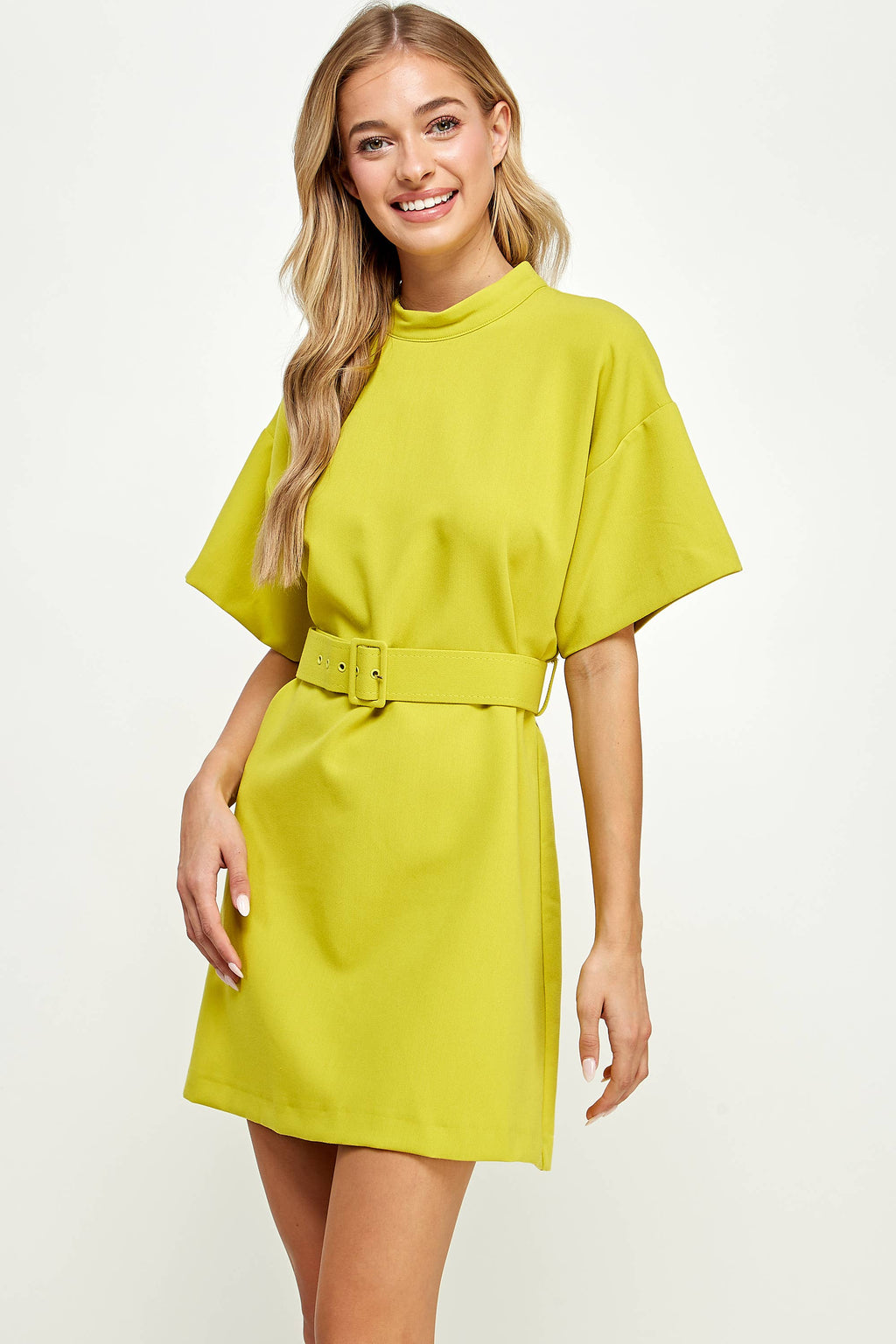 HIGH NECK DRESS WITH BELT- LIME