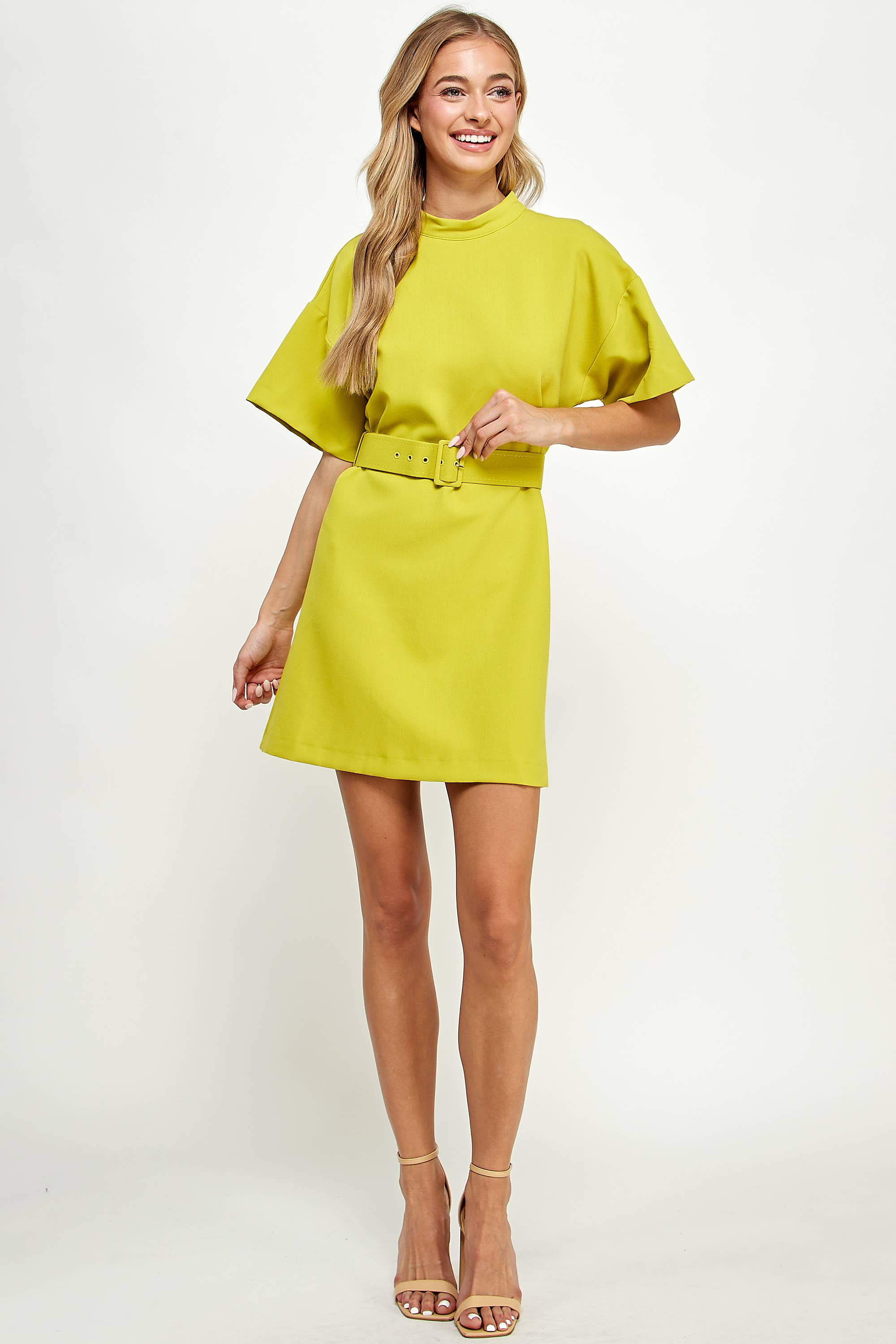 HIGH NECK DRESS WITH BELT- LIME