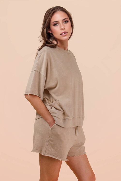 Beige Mineral Washed Knit Casual Top & Shorts