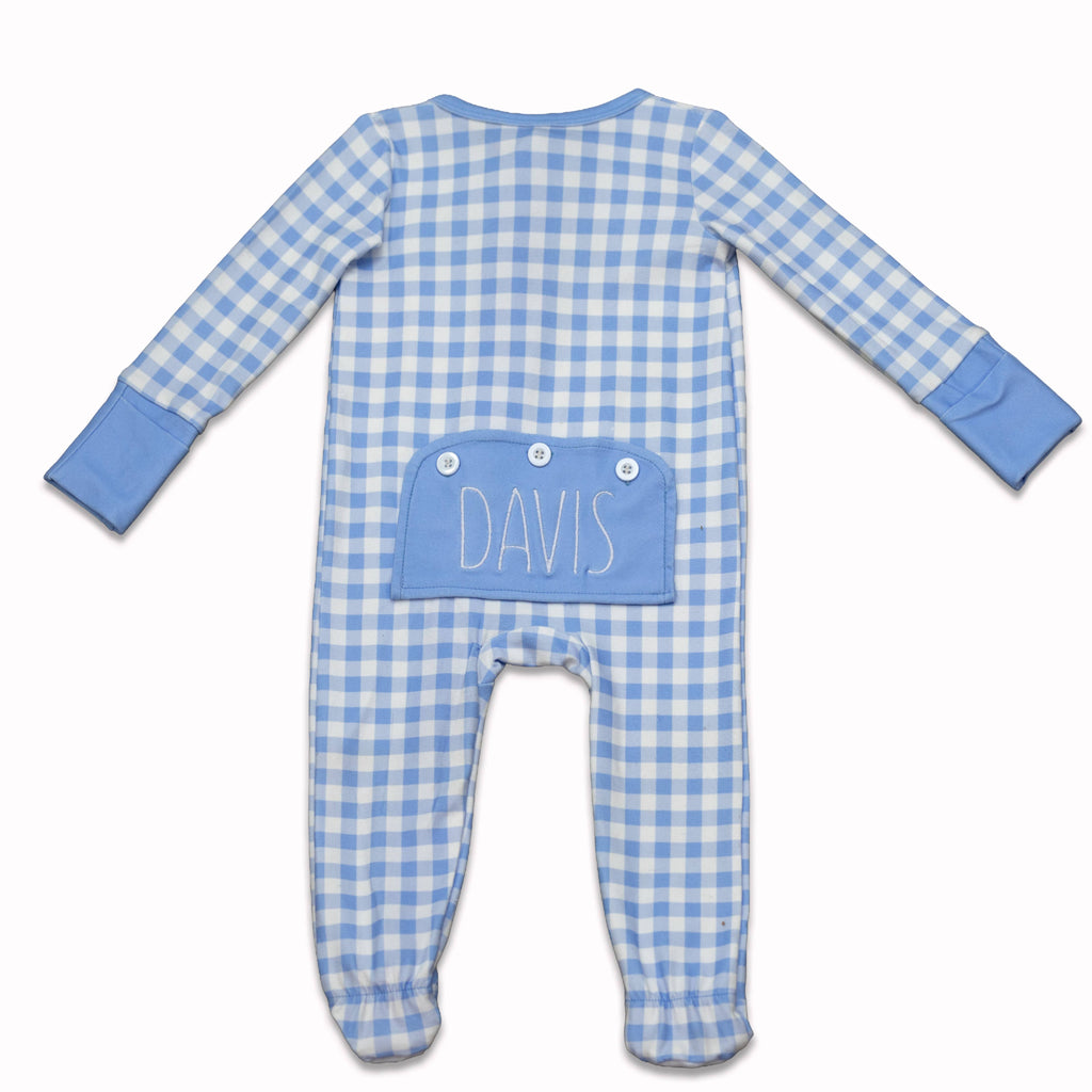 Blue Gingham Zipper Footie