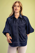 Satin Balloon Sleeve Button Down Blouse
