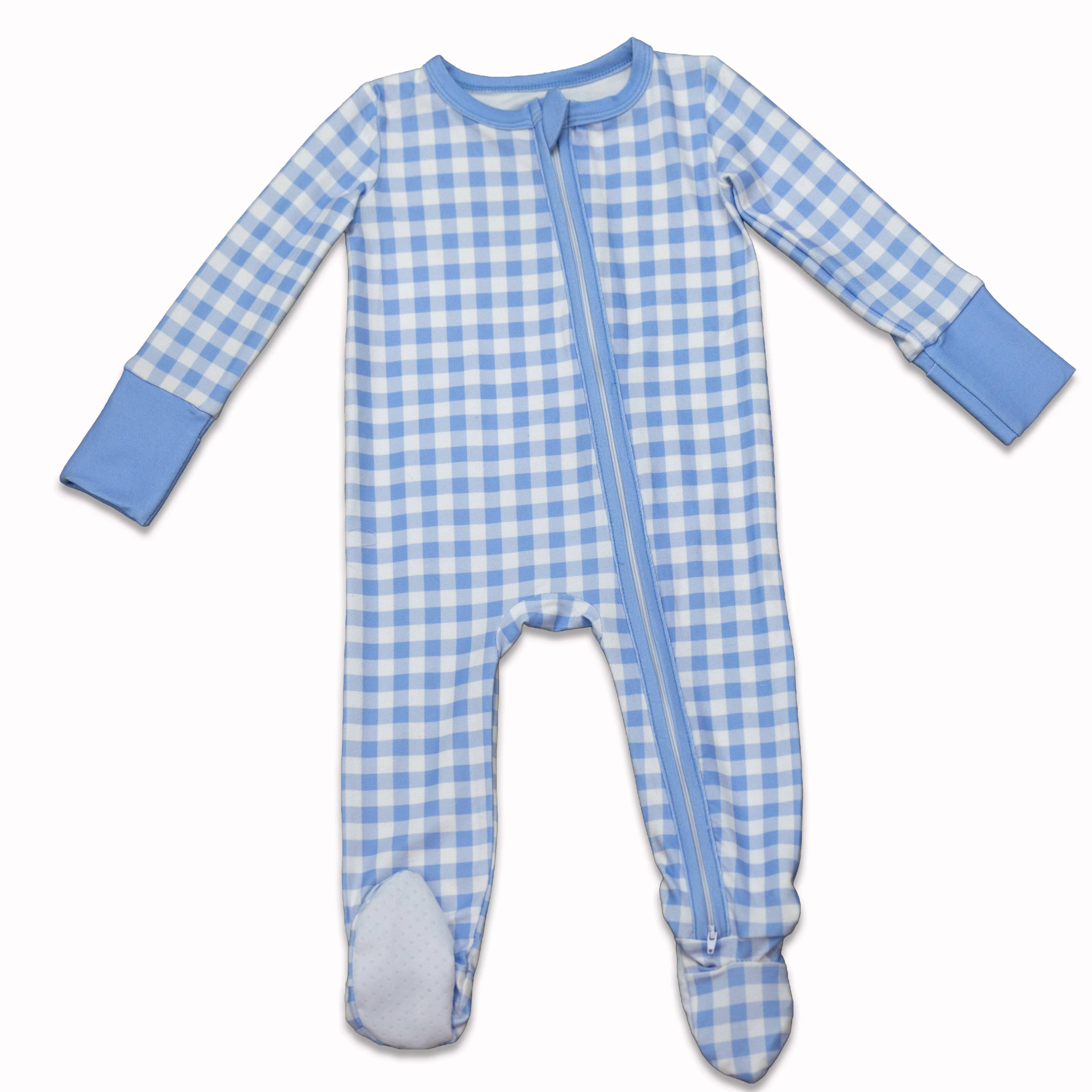 Blue Gingham Zipper Footie
