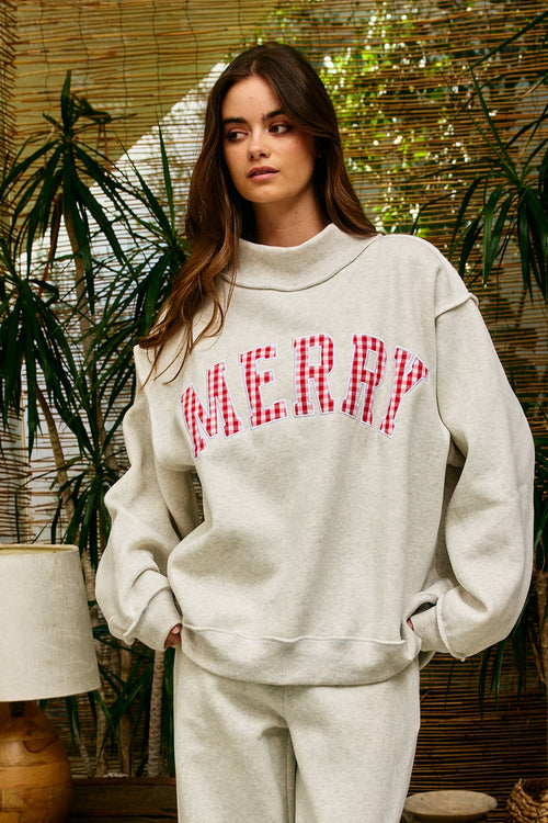 "MERRY" Mock Neck Sweatshirt- Ash  Gray