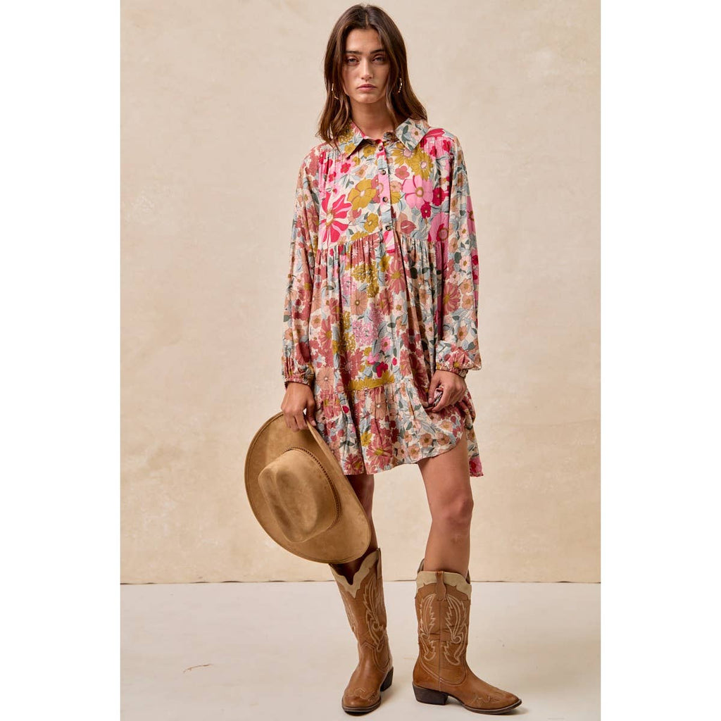Floral Print Buttoned Tiered Dress