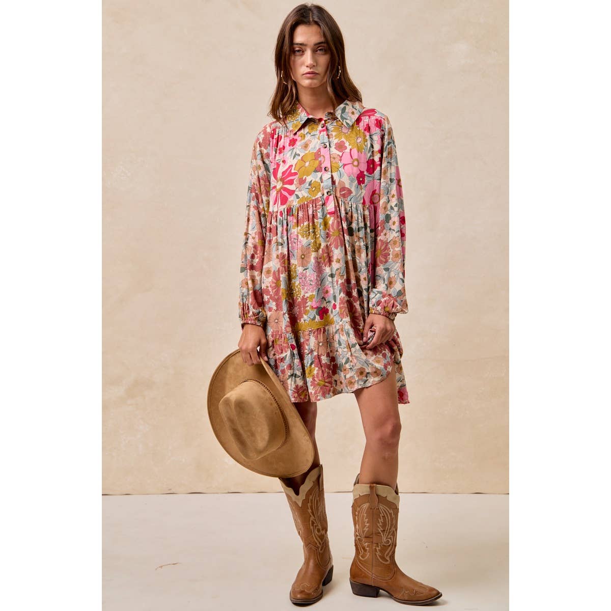 Floral Print Buttoned Tiered Dress