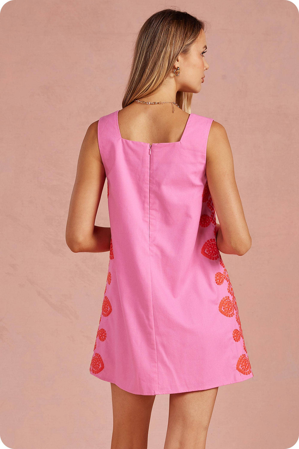 Medallion Embroidered Square Neck Shift Mini Dress