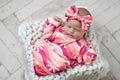 Pink Wave Flower Baby Gown and Bow Headband