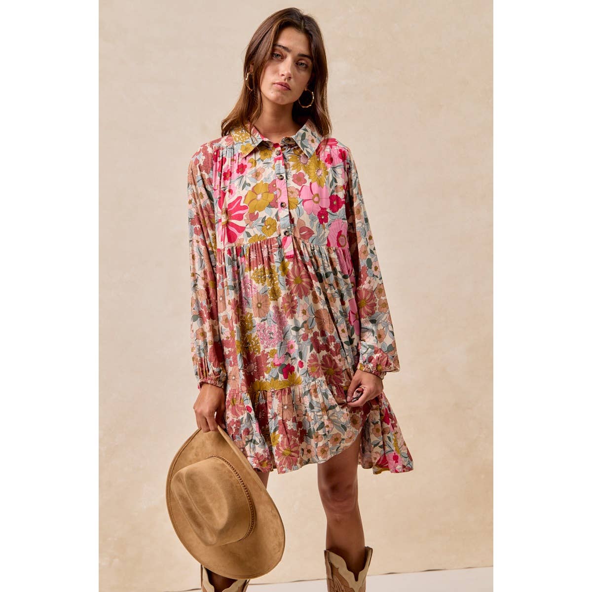 Floral Print Buttoned Tiered Dress